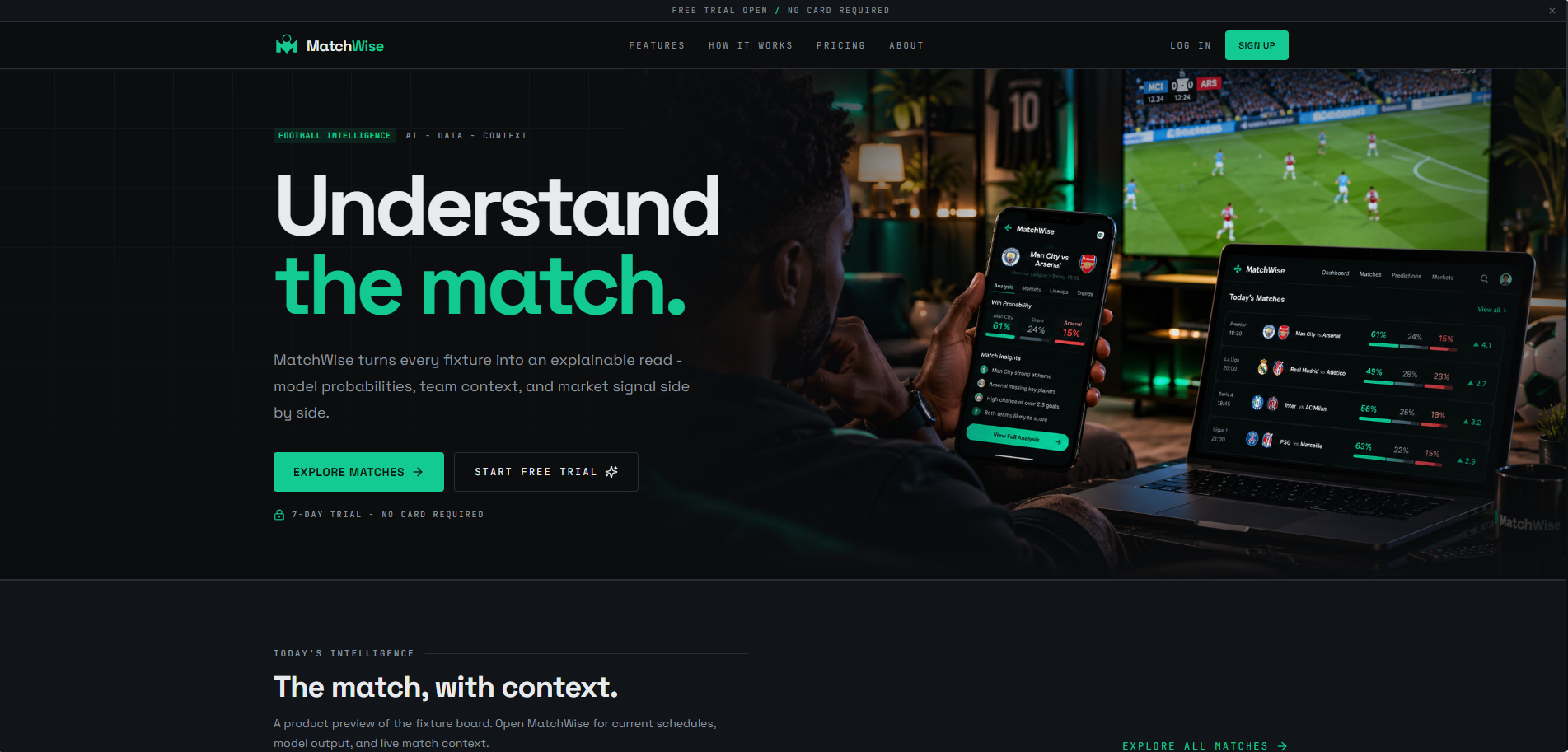 MatchWise landing page with “Understand the match.” headline and football product imagery.