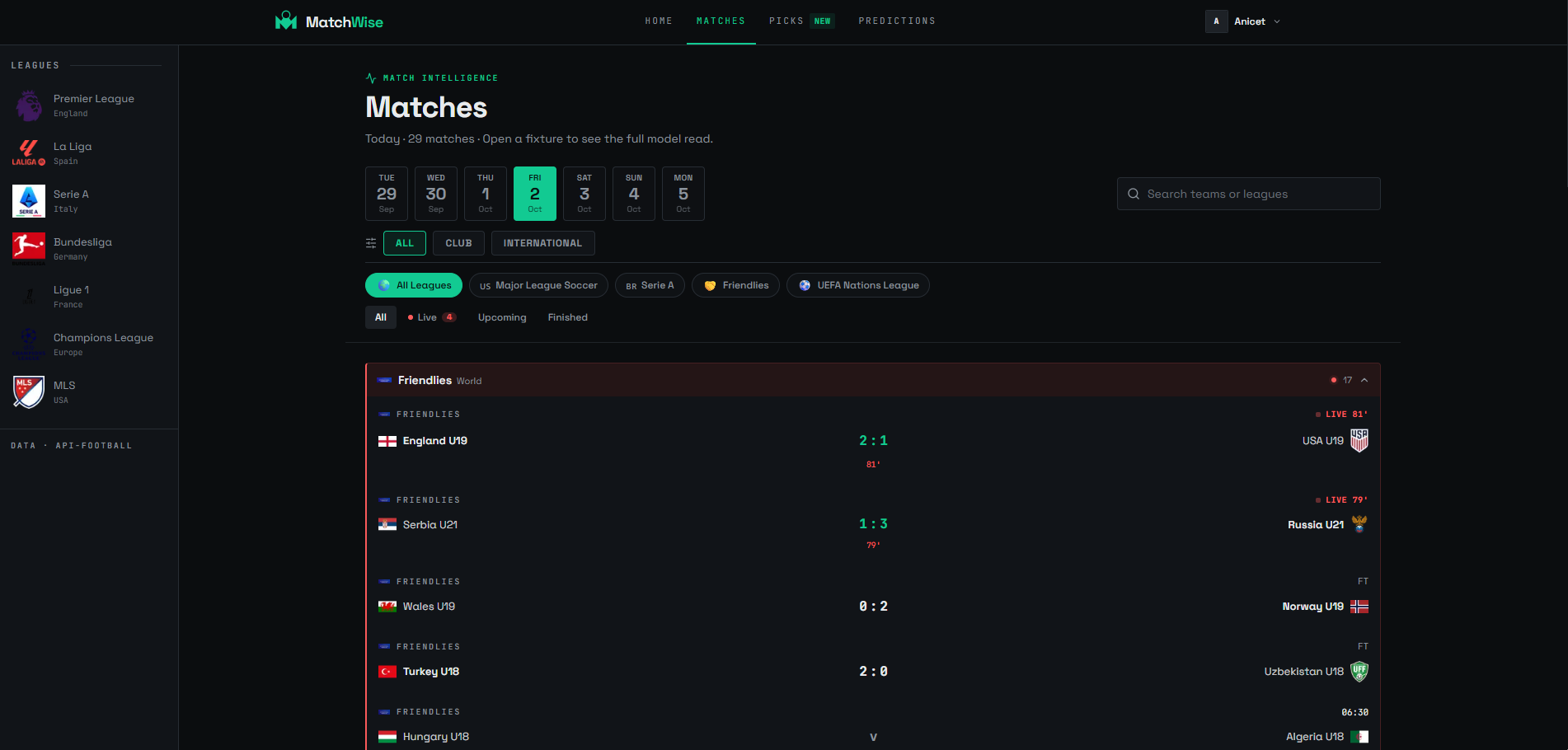 MatchWise matches workspace with date and league filters and a populated football fixture board.